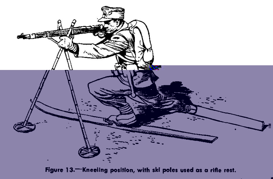Kneeling position, rifle supported off the ski poles